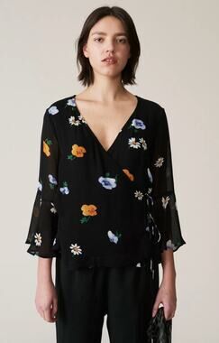 GANNI Black Floral Wrap Silk Blouse